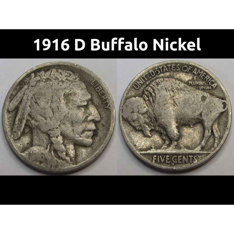 1916 D Buffalo Nickel - antique Denver mintmark American bison design coin