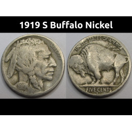 1919 S Buffalo Nickel - better date San Francisco mintmark American Indian coin