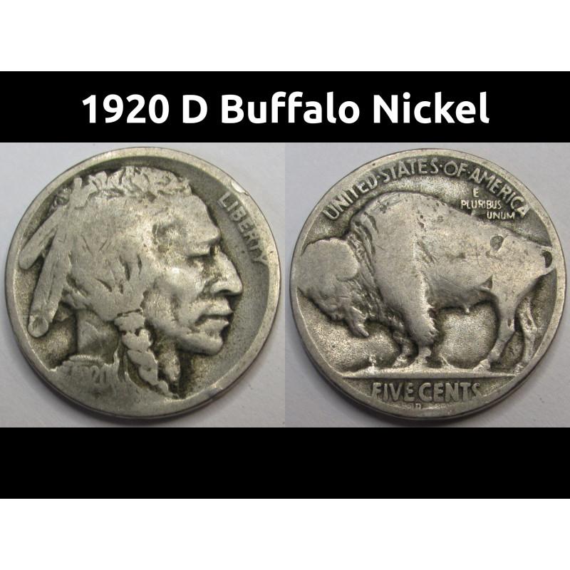 1920 D Buffalo Nickel - antique Denver mintmark American Indian coin