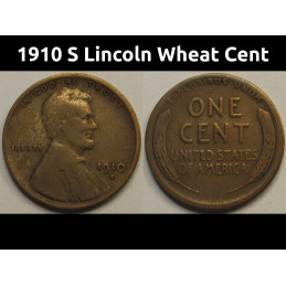 1910 S Lincoln Wheat Cent - antique San Francisco mintmark American wheat penny