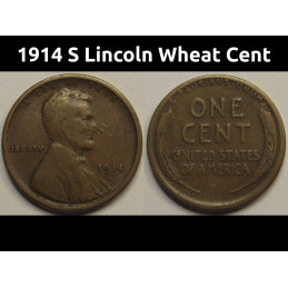 1914 S Lincoln Wheat Cent - semi-key date antique American wheat penny