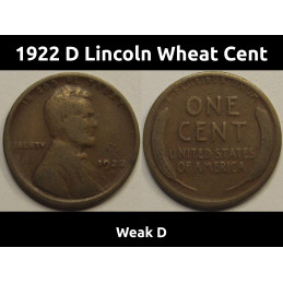 1922 D Lincoln Wheat Cent - Weak D - antique better variety American wheat penny