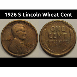 1926 S Lincoln Wheat Cent - antique San Francisco mintmark American wheat penny