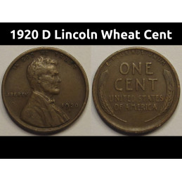 1920 D Lincoln Wheat Cent - better grade Denver mintmark antique American penny