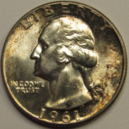 1961 Washington Quarter - beautiful vintage toned silver American coin