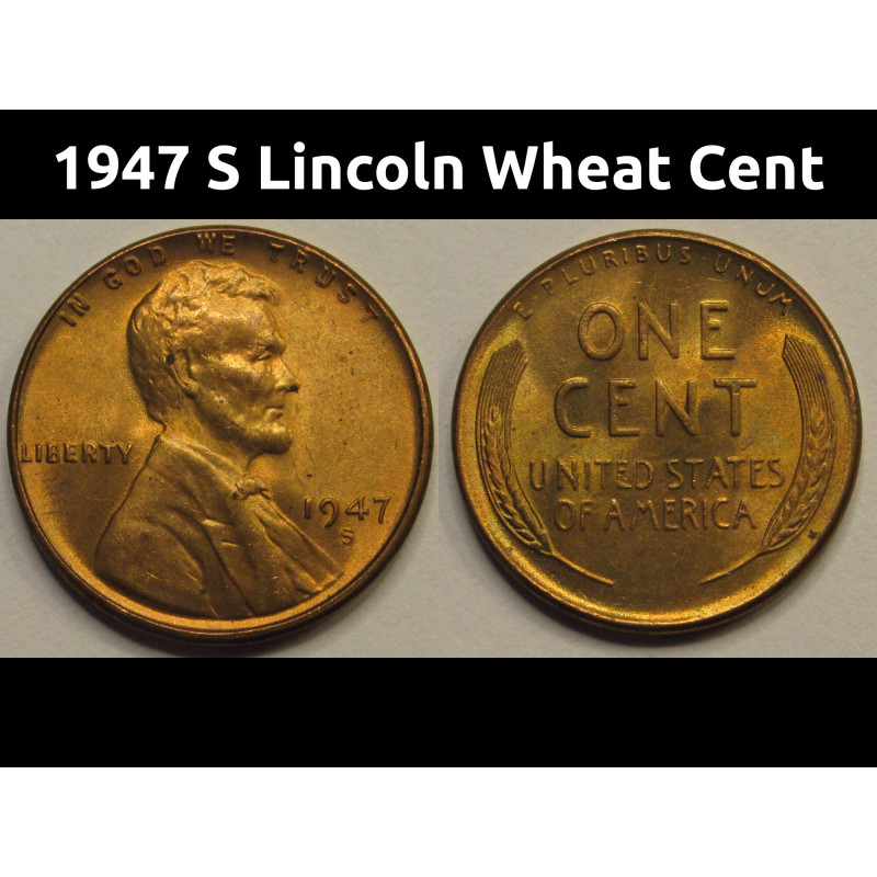 1947 S Lincoln Wheat Cent - vintage San Francisco mintmark wheat penny