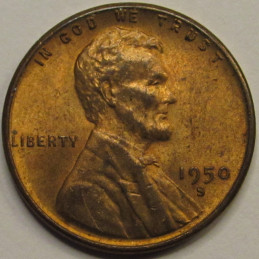 1950 S Lincoln Wheat Cent - vintage San Francisco mintmark American wheat penny