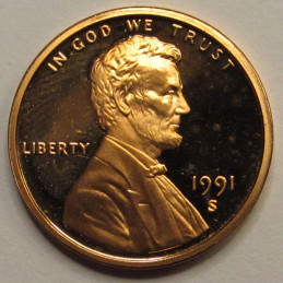 1991 S Lincoln Memorial Cent - vintage San Francisco mintmark proof penny