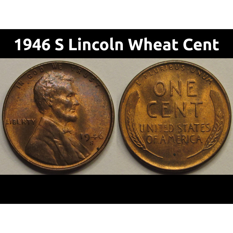 1946 S Lincoln Wheat Cent - vintage San Francisco mintmark toned wheat penny