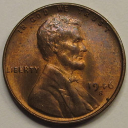 1946 S Lincoln Wheat Cent - vintage San Francisco mintmark toned wheat penny