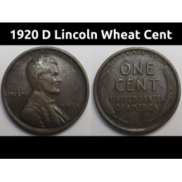 1920 D Lincoln Wheat Cent - antique Denver mintmark American wheat penny