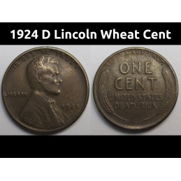 1924 D Lincoln Wheat Cent - antique semi-key date Denver mintmark American wheat penny