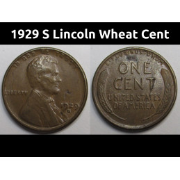 1929 S Lincoln Wheat Cent - higher grade antique American penny from San Francisco mint