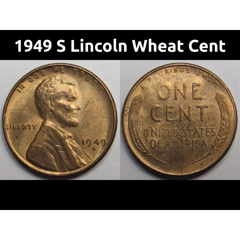 1949 S Lincoln Wheat Cent - vintage San Francisco mintmark American wheat penny