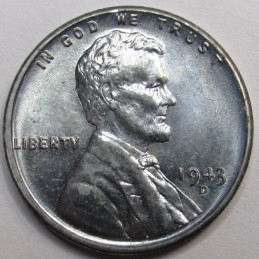 1943 D Lincoln Wheat Cent - historic uncirculated steel WW2 penny from Denver mint 