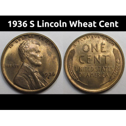 1936 S Lincoln Wheat Cent - antique San Francisco mintmark American wheat penny