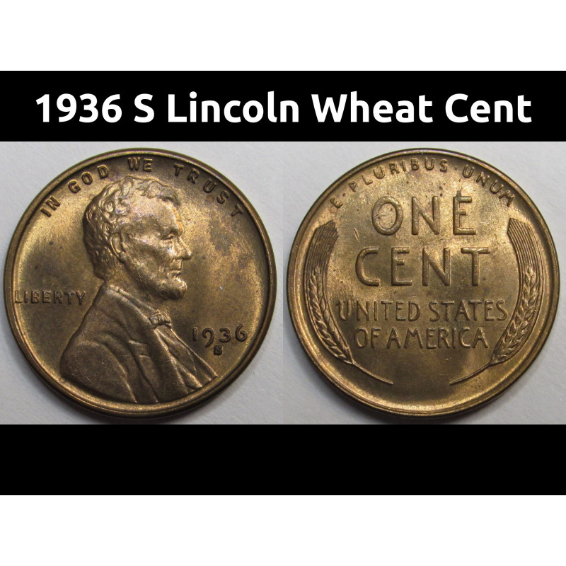 1936 S Lincoln Wheat Cent - antique San Francisco mintmark American wheat penny