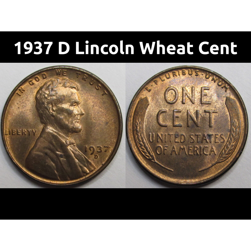 1937 D Lincoln Wheat Cent - antique uncirculated Denver mintmark penny