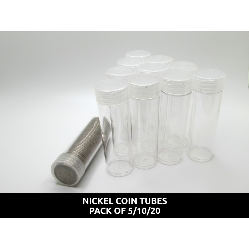 Whitman Nickel Coin Tubes - Pack of 5 / 10 / 20 - clear round, secure screw top