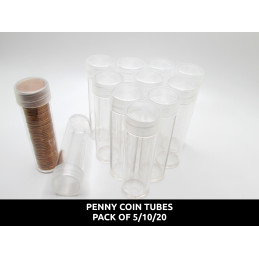 Whitman Cent (Penny) Coin Tubes - Pack of 5 / 10 / 20 - clear round, secure screw top