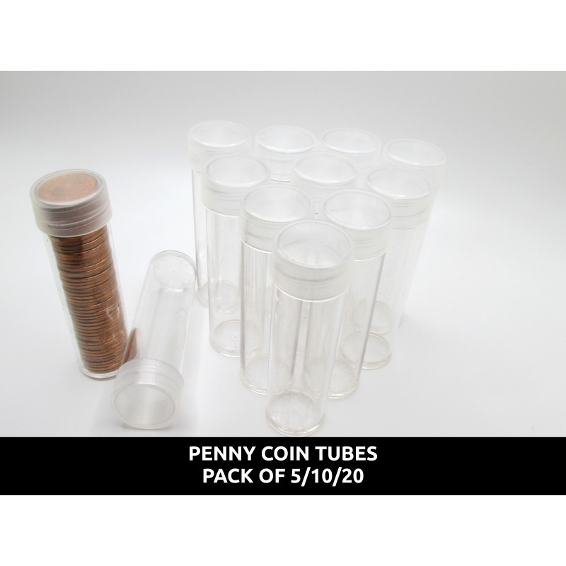 Whitman Cent (Penny) Coin Tubes - Pack of 5 / 10 / 20 - clear round, secure screw top