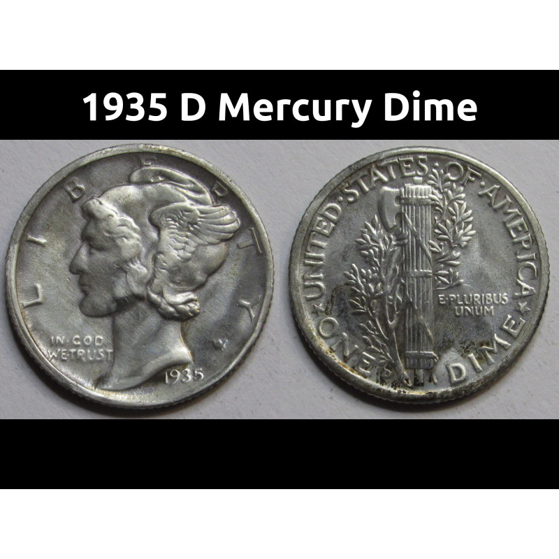 1935 D Mercury Dime - antique Denver mintmark American silver dime