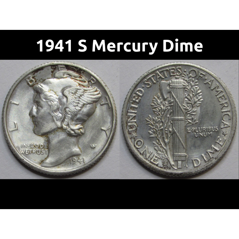 1941 S Mercury Dime - antique San Francisco mintmark American silver dime