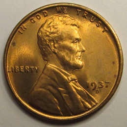 1937 D Lincoln Wheat Cent - antique high grade uncirculated American wheat penny