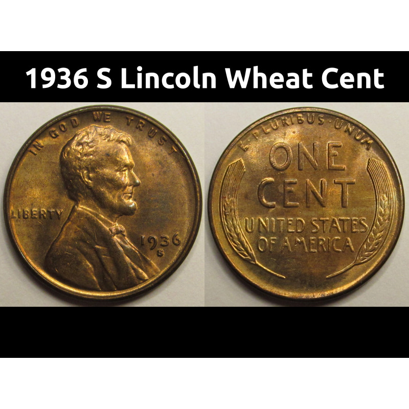 1936 S Lincoln Wheat Cent - antique uncirculated S mintmark American wheat penny