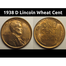 1938 D Lincoln Wheat Cent - beautiful uncirculated American wheat penny