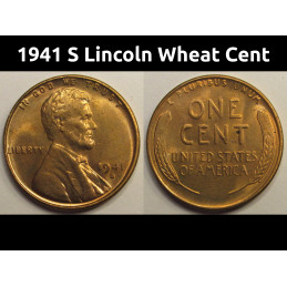 1941 S Lincoln Wheat Cent - antique uncirculated San Francisco mintmark wheat penny