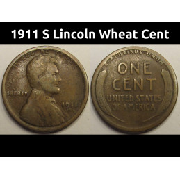 1911 S Lincoln Wheat Cent - antique low mintage San Francisco mintmark wheat penny