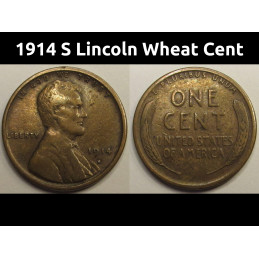 1914 S Lincoln Wheat Cent - antique San Francisco mintmark American wheat penny