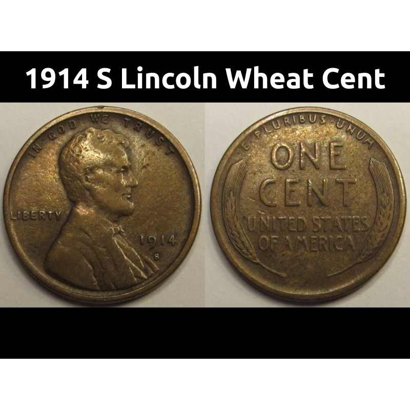 1914 S Lincoln Wheat Cent - antique San Francisco mintmark American wheat penny