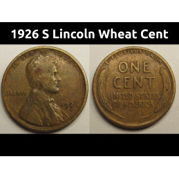 1926 S Lincoln Wheat Cent - antique San Francisco mintmark American penny