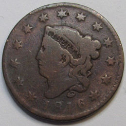 1816 Coronet Head Large Cent - antique American copper large cent