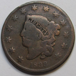 1833 Coronet Head Large Cent - antique American copper penny