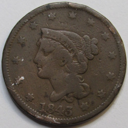 1843 Braided Hair Large Cent - antique American copper penny