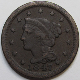 1847 Braided Hair Large Cent - antique American copper penny