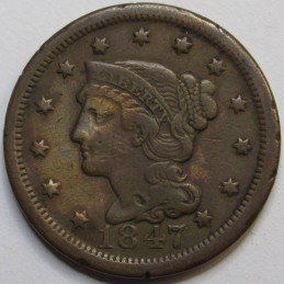 1847 Braided Hair Large Cent - old American copper penny coin