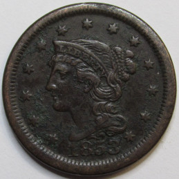 1853 Braided Hair Large Cent - antique pre Civil War era American copper penny