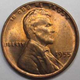 1955 Lincoln Wheat Cent - vintage uncirculated American penny with die crack