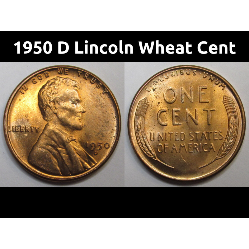 1950 D Lincoln Wheat Cent - vintage Denver mintmark American wheat penny