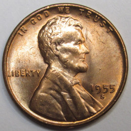 1955 S Lincoln Wheat Cent - vintage San Francisco mintmark uncirculated wheat penny