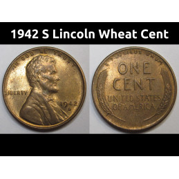 1942 S Lincoln Wheat Cent - vintage San Francisco mintmark WW2 era penny