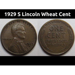 1929 S Lincoln Wheat Cent - antique American penny with San Franncisco mintmark