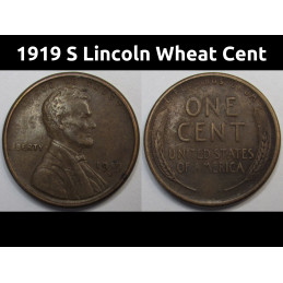 1919 S Lincoln Wheat Cent - antique higher grade San Francisco mintmark American penny