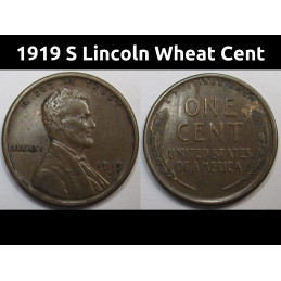 1919 S Lincoln Wheat Cent - higher grade antique American wheat penny coin