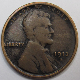 1913 S Lincoln Wheat Cent - antique San Francisco mintmark American wheat penny coin