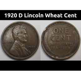 1920 D Lincoln Wheat Cent - antique Denver mintmark American wheat penny